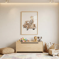 Vintage truck sloth giraffe wall art hangs above a toy chest with animal figurines, plush toys, and a patterned rug.