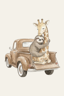 Watercolor sloth and giraffe hugging in the back of a vintage truck sloth giraffe wall art.