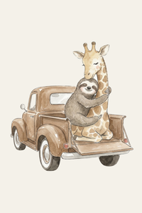 Watercolor sloth and giraffe hugging in the back of a vintage truck sloth giraffe wall art.