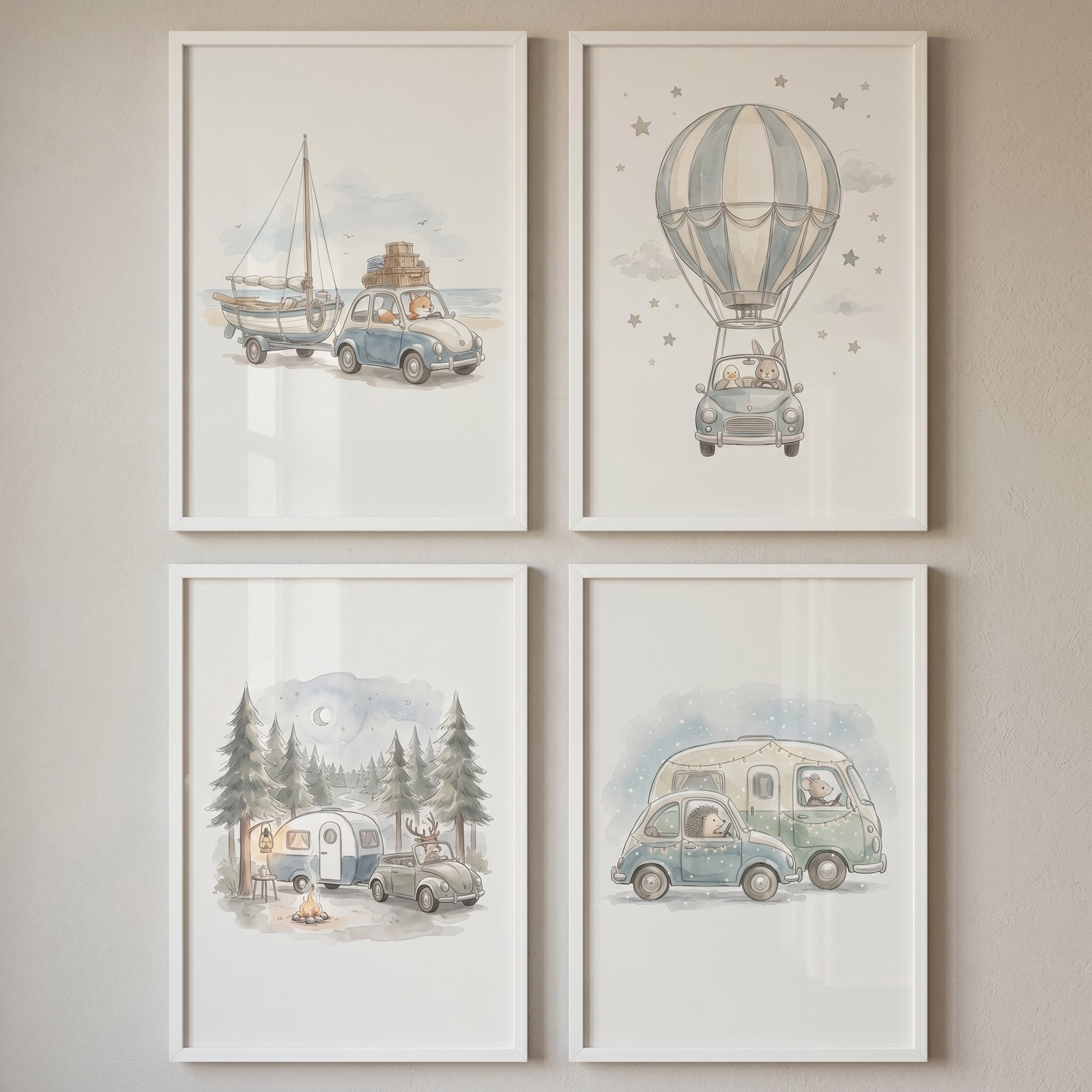 Vintage vehicle adventuring animals artwork set of 4 shows cute animals in old cars, a camper, boat, and hot air balloon.