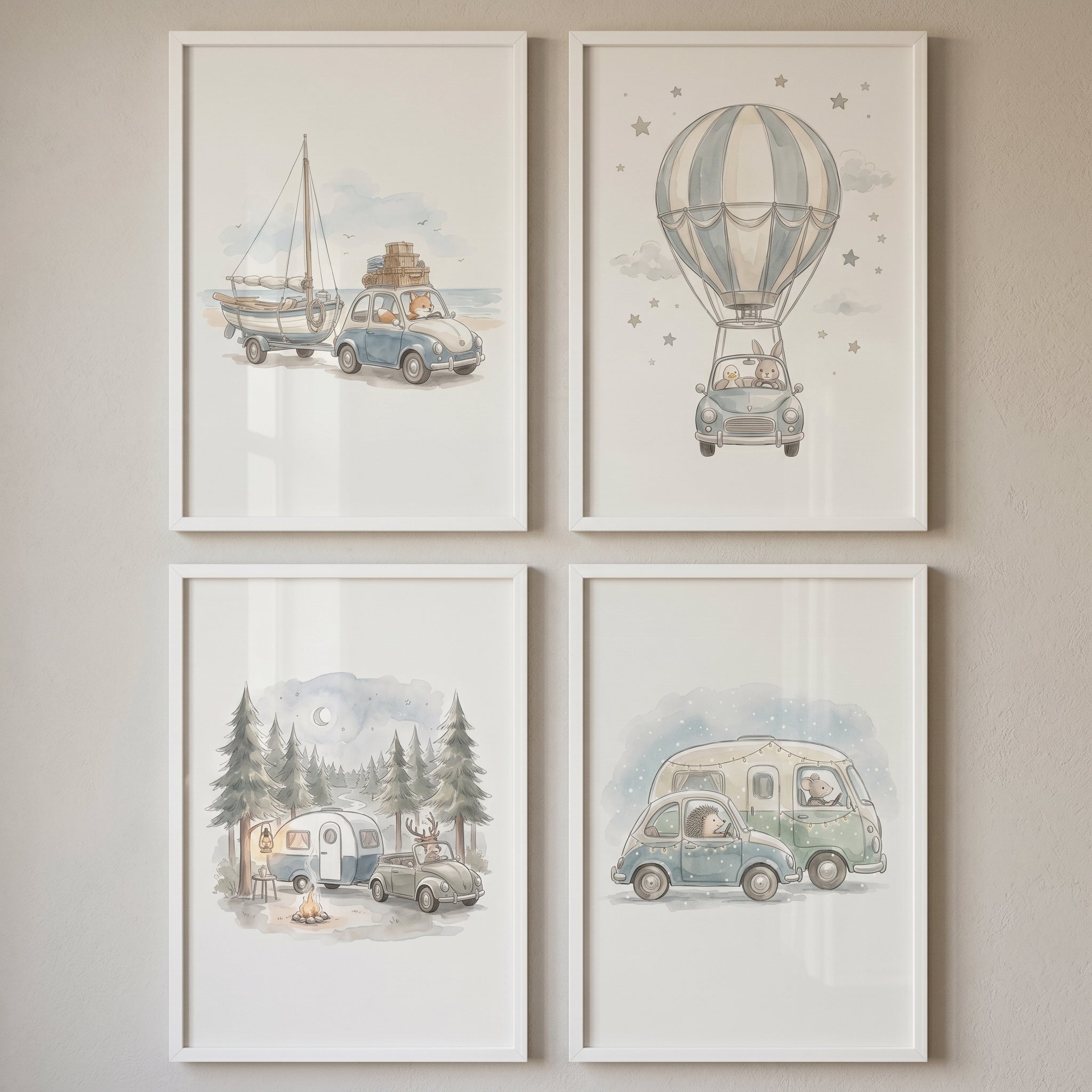 Vintage Vehicle Adventuring Animals Artwork Set of 4 - Tiny Traveler Adventures