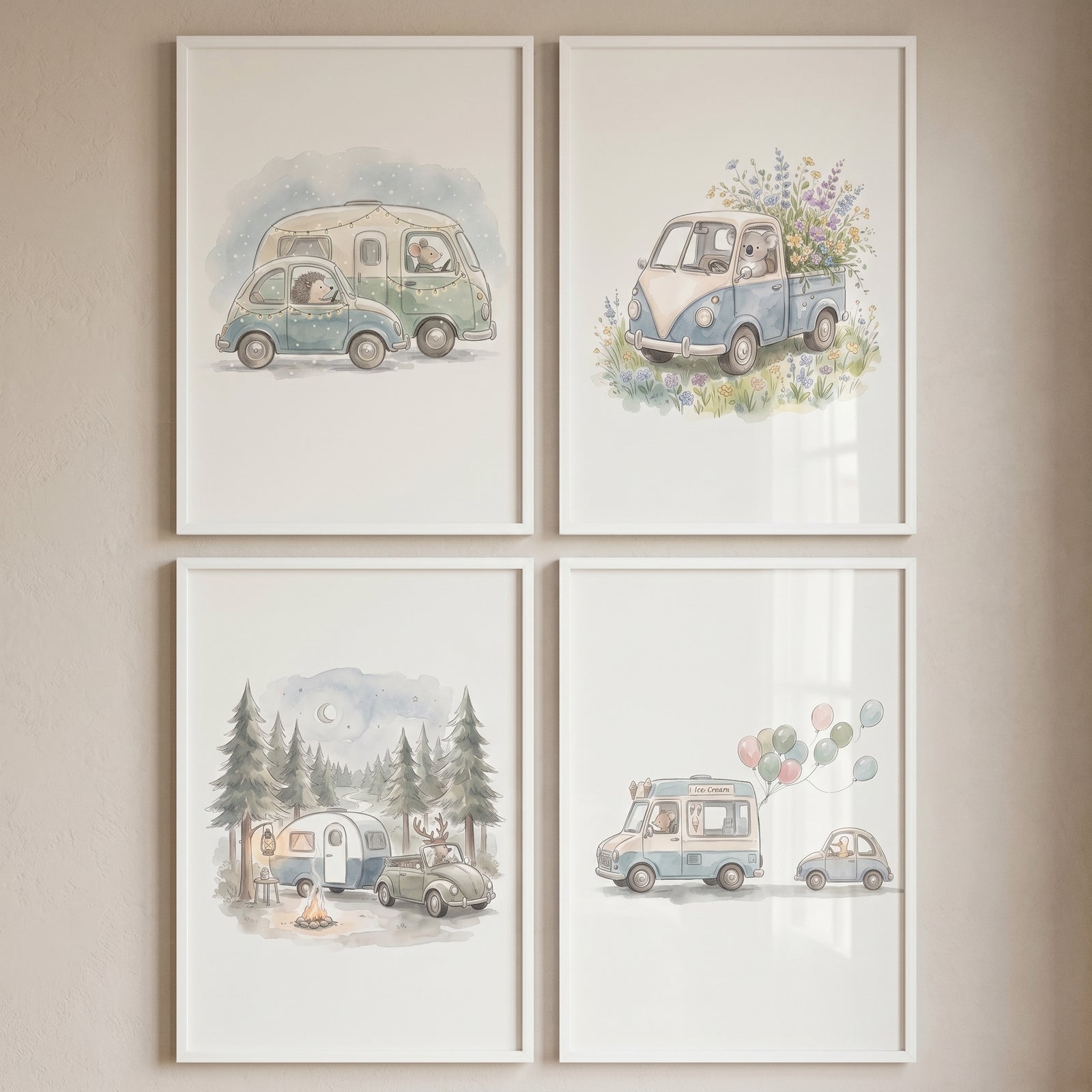 Vintage vehicle driving animals wall art set of 4 features cute watercolor animals in whimsical retro cars and trucks.