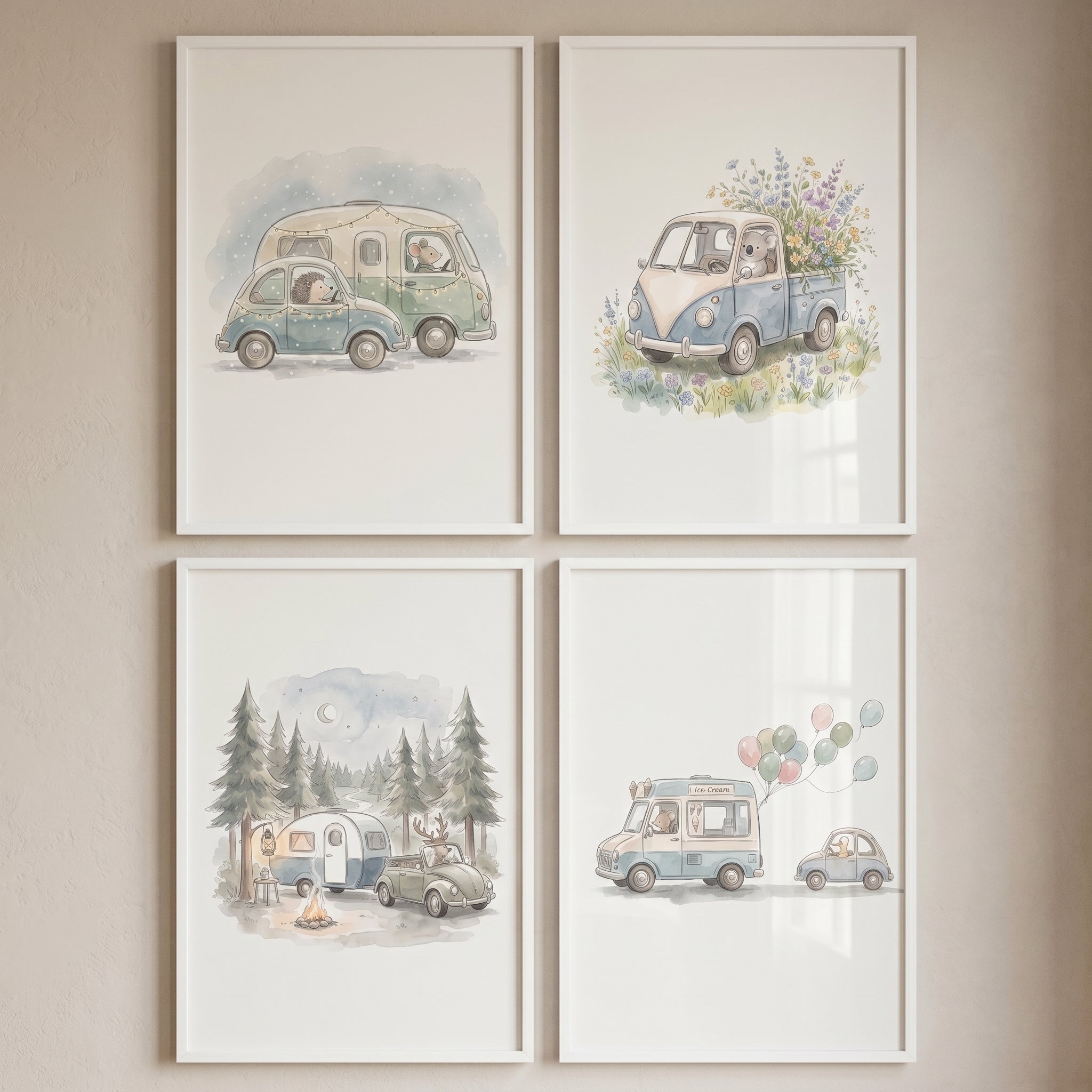 Vintage Vehicle Driving Animals Wall Art Set of 4 - Sweet Woodland Travels