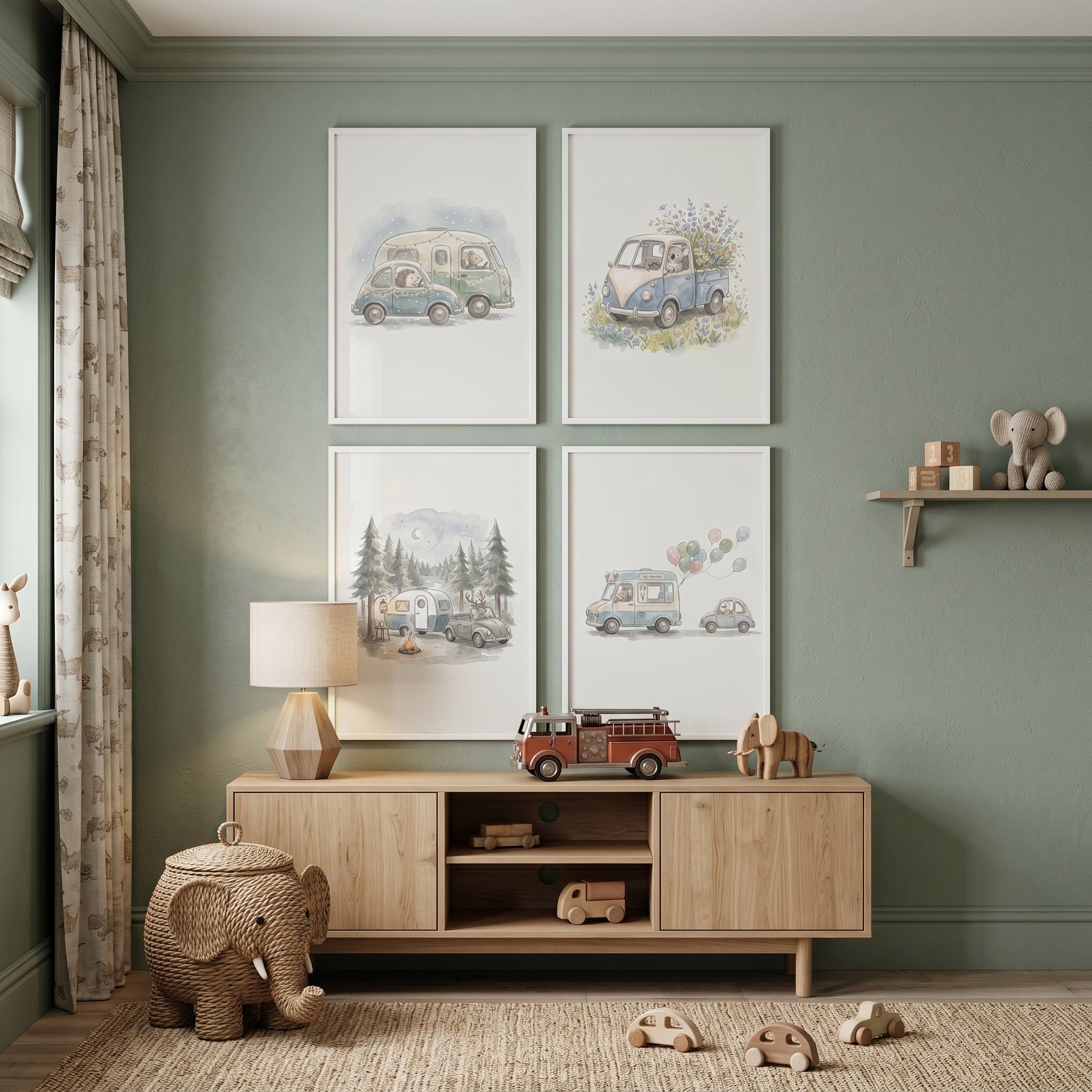 Vintage Vehicle Driving Animals Wall Art Set of 4 - Sweet Woodland Travels