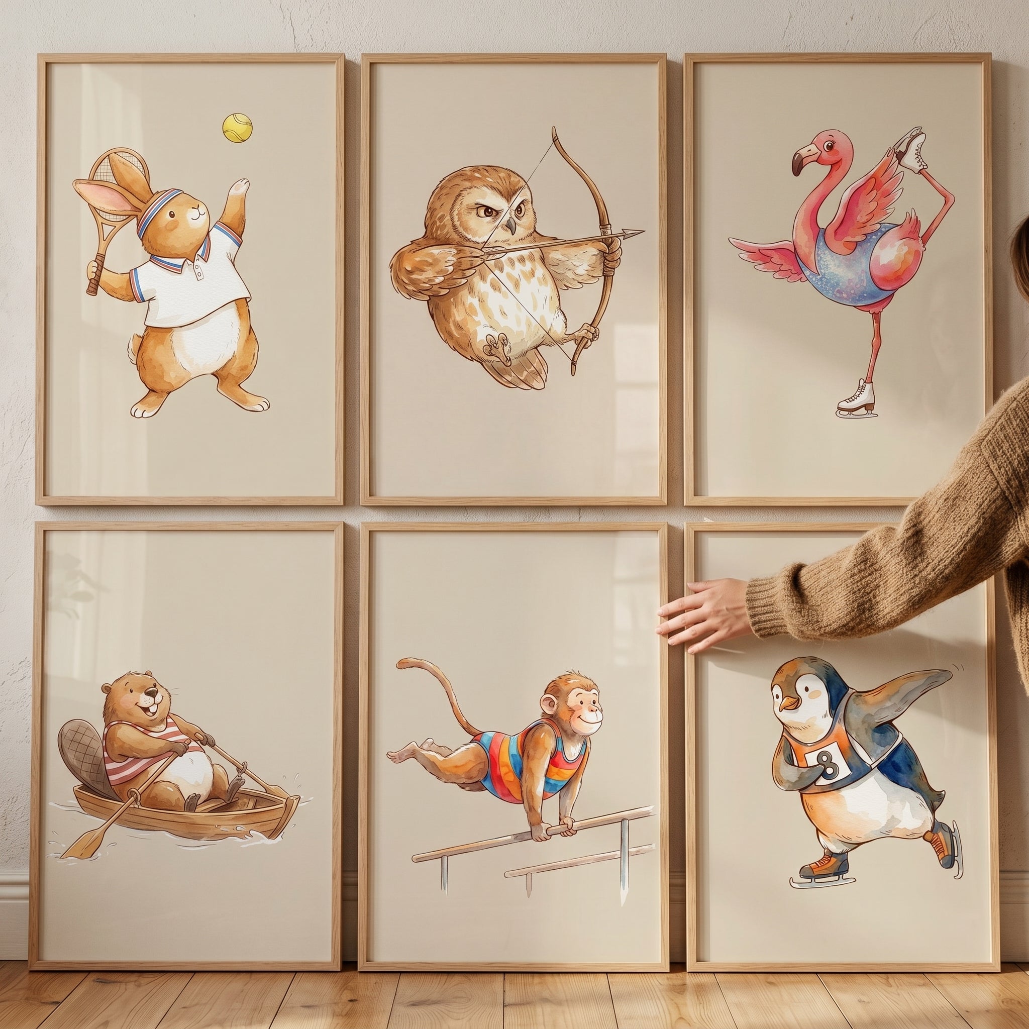 Vintage Watercolor Athletic Animal Wall Art Set of 6 - Whimsical Animal Games