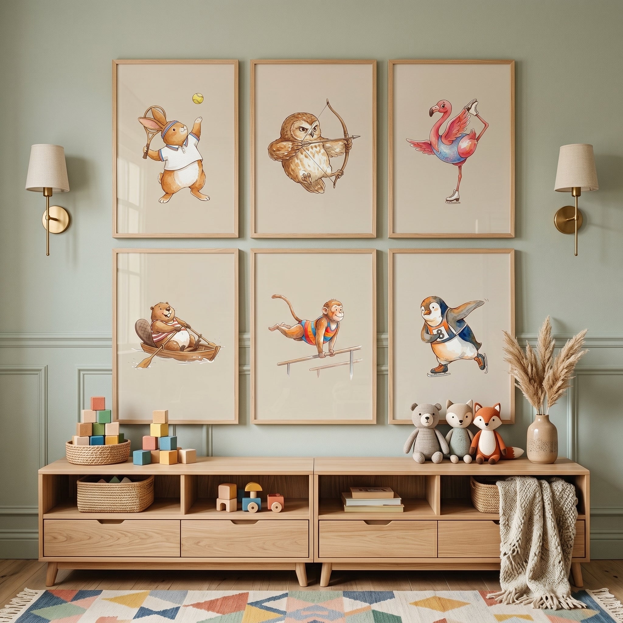 Vintage Watercolor Athletic Animal Wall Art Set of 6 - Whimsical Animal Games