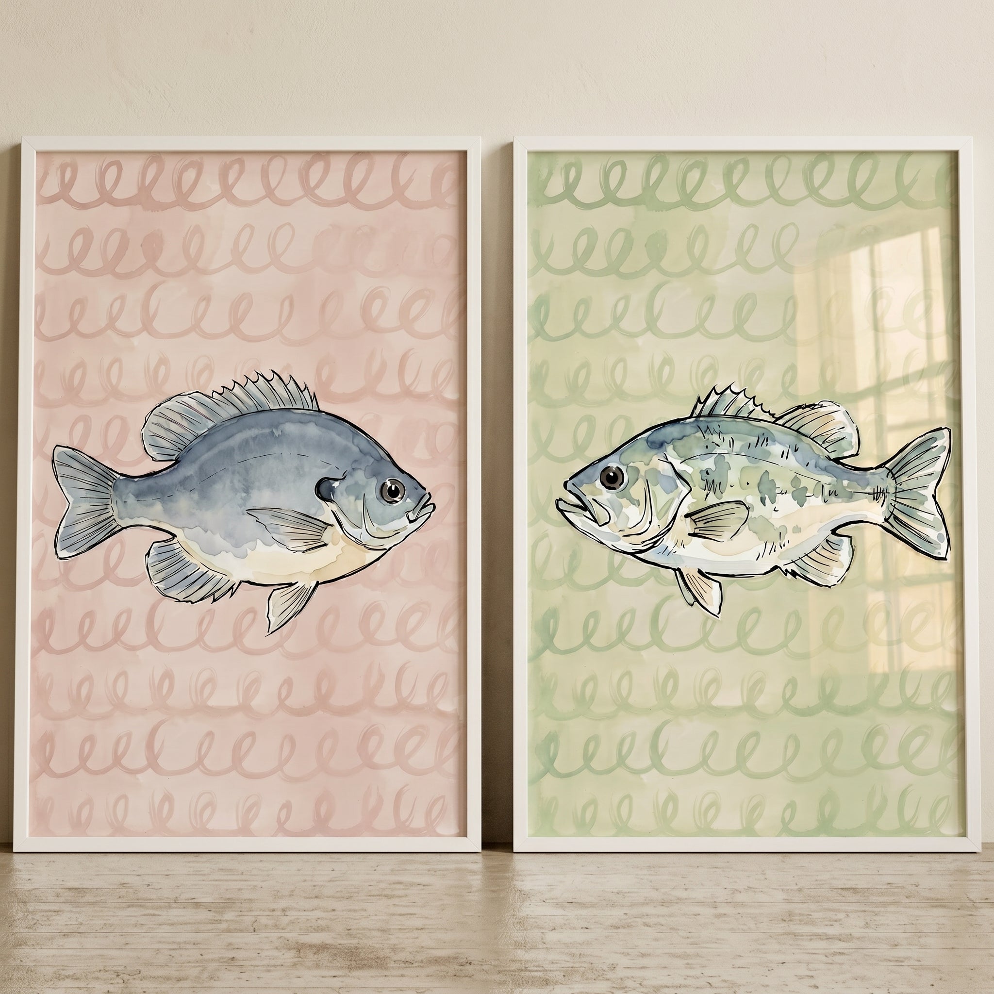 Vintage Watercolor Fish Wall Art Set of 2 - Serene River Catch