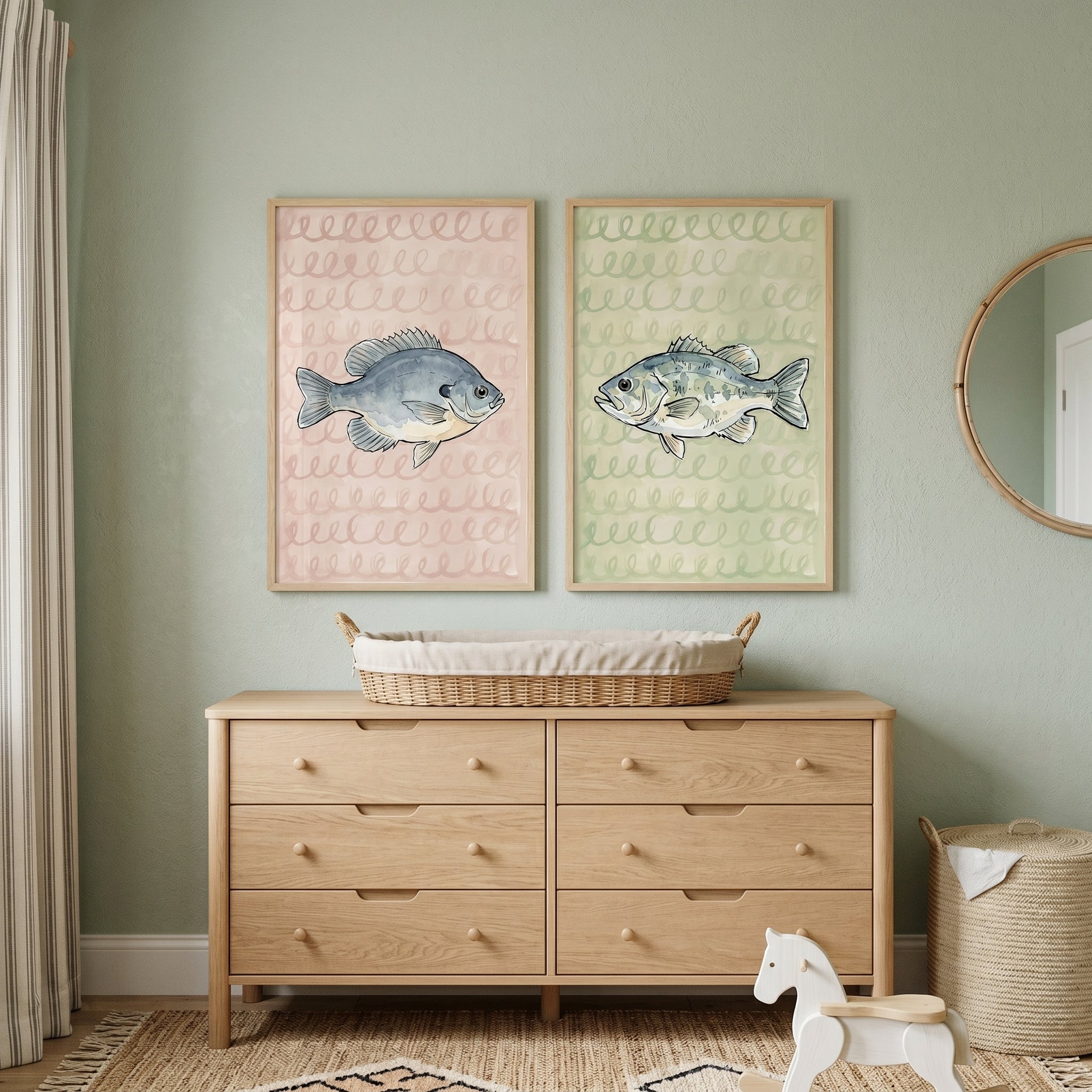 Vintage Watercolor Fish Wall Art Set of 2 - Serene River Catch