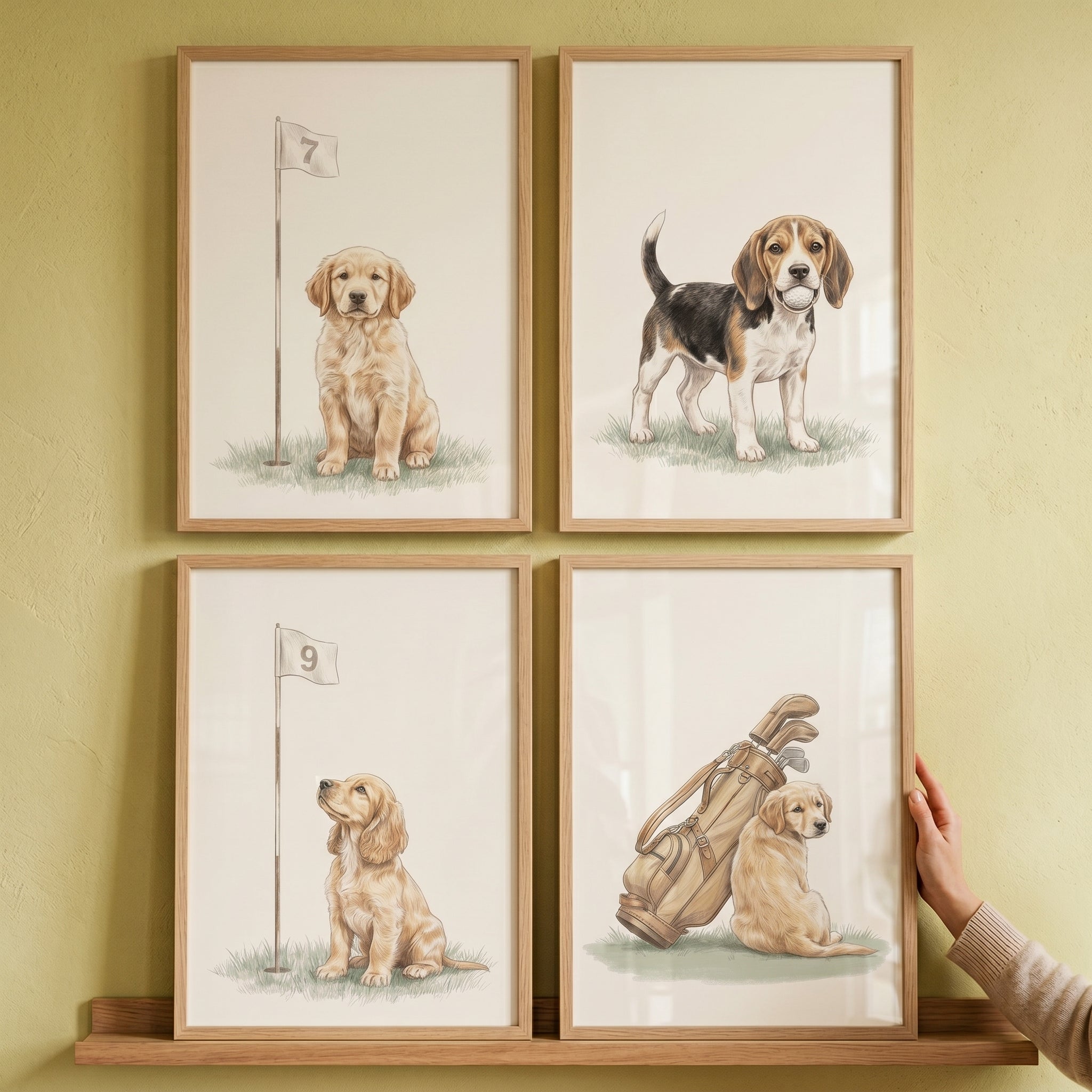 Vintage Watercolor Golf Puppy Wall Art Set of 4 - Puppy Fairway Pals