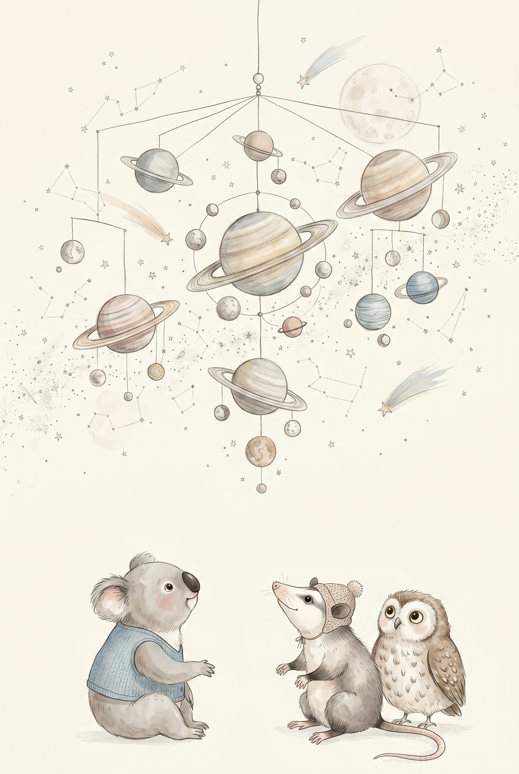 Vintage Watercolor Space Animals Print - Little Stargazers