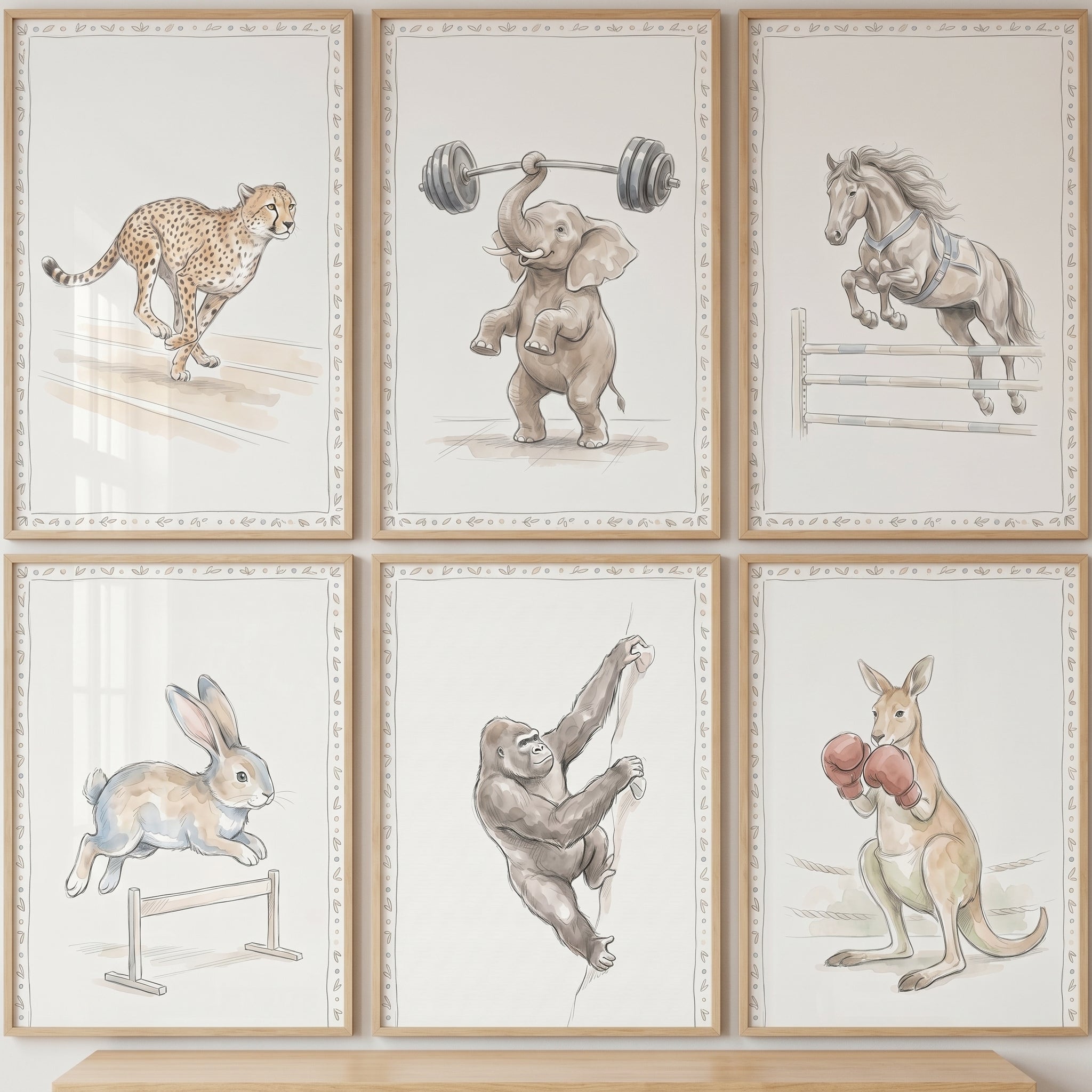 Vintage Watercolor Sporting Animals Wall Art Set of 6 - Athletic Animal Prints