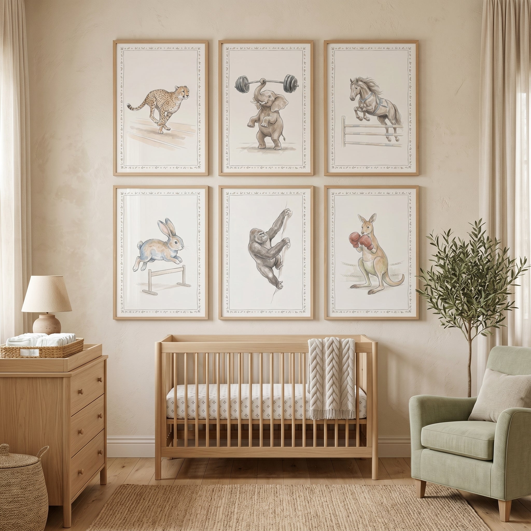 Vintage Watercolor Sporting Animals Wall Art Set of 6 - Athletic Animal Prints