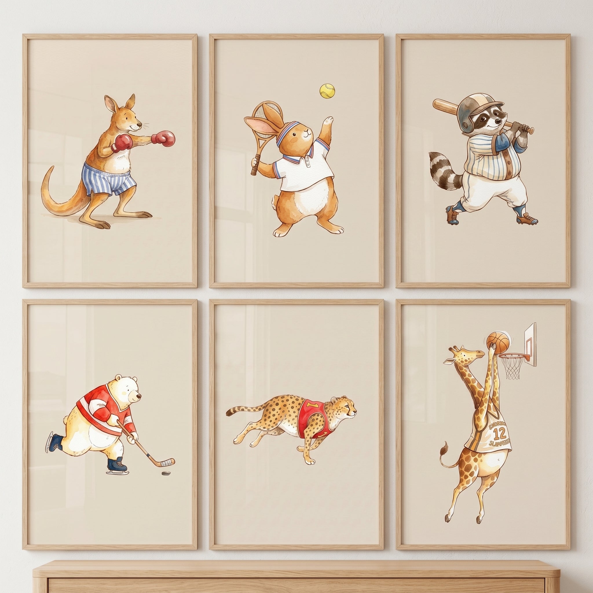 Vintage Watercolor Sports Animals Wall Art Set of 6 - Athletic Animal Friends