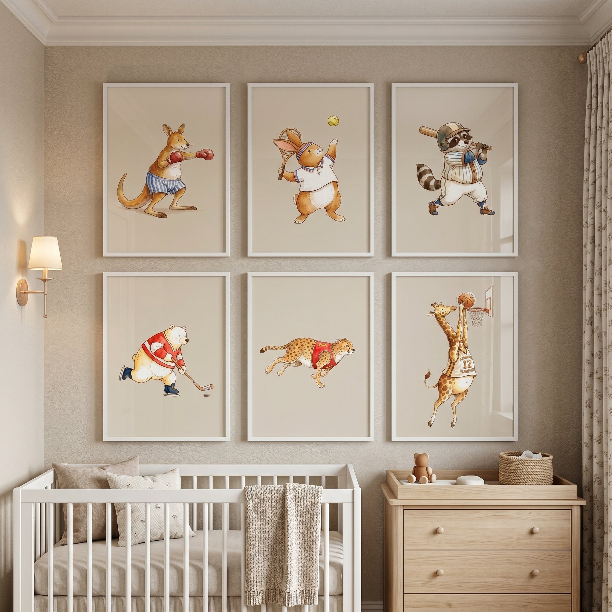 Vintage Watercolor Sports Animals Wall Art Set of 6 - Athletic Animal Friends