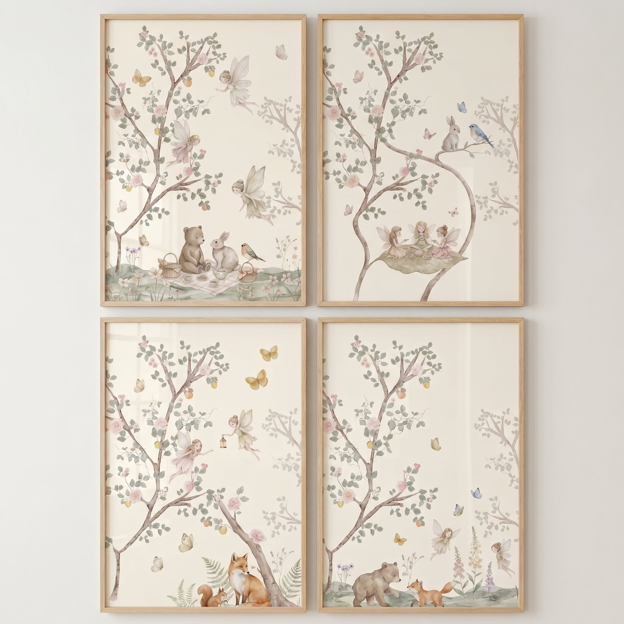 Vintage Watercolor Woodland Fairies Wall Art Set of 4 - Soft Woodland Tales