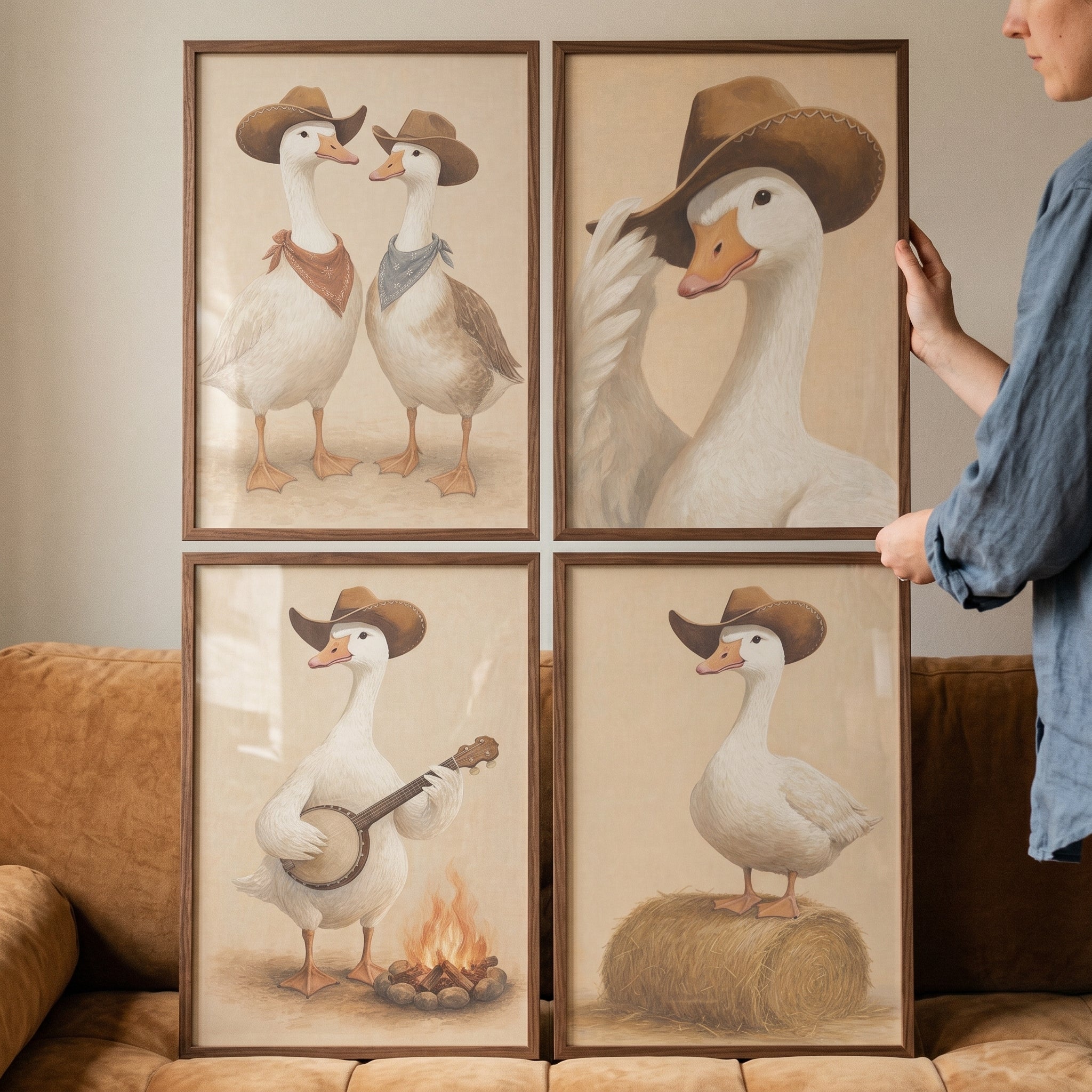 Vintage Western Cowboy Goose Wall Art Set of 4 - Feathered Cowboy Pals