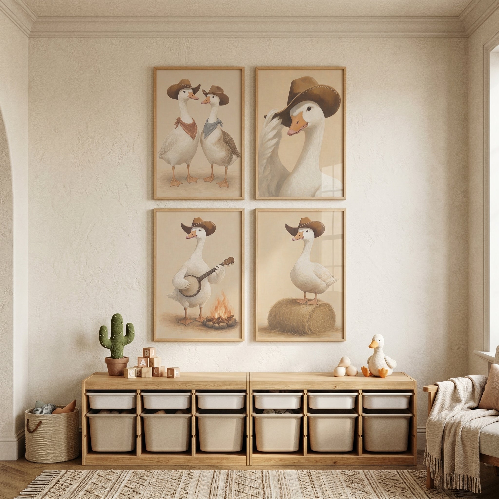 Vintage Western Cowboy Goose Wall Art Set of 4 - Feathered Cowboy Pals