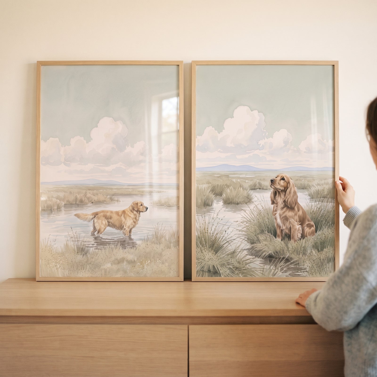 Vintage wetland sporting dog wall art set of 2 featuring dog illustrations in marsh settings on a light wood dresser.