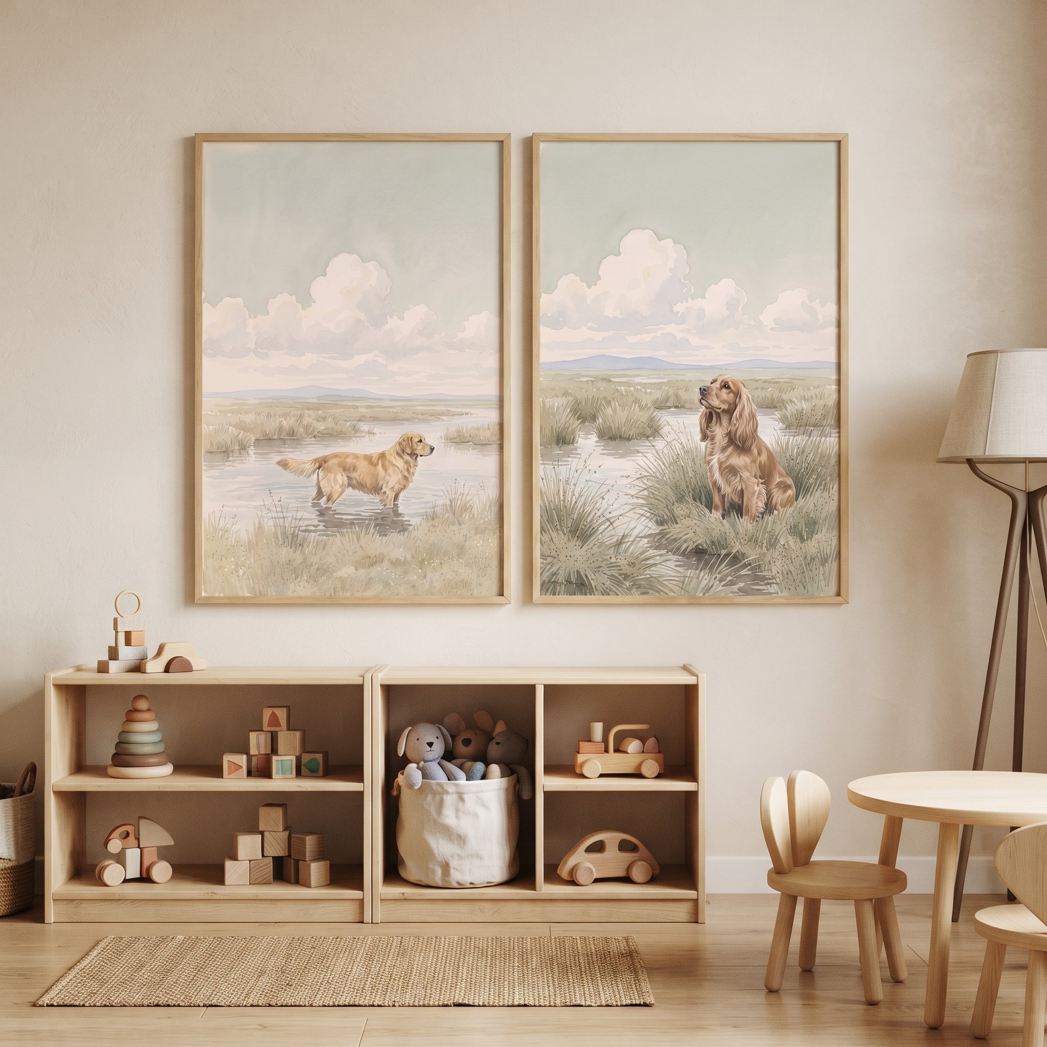 Vintage Wetland Sporting Dog Wall Art Set of 2 - Golden Marsh Canines