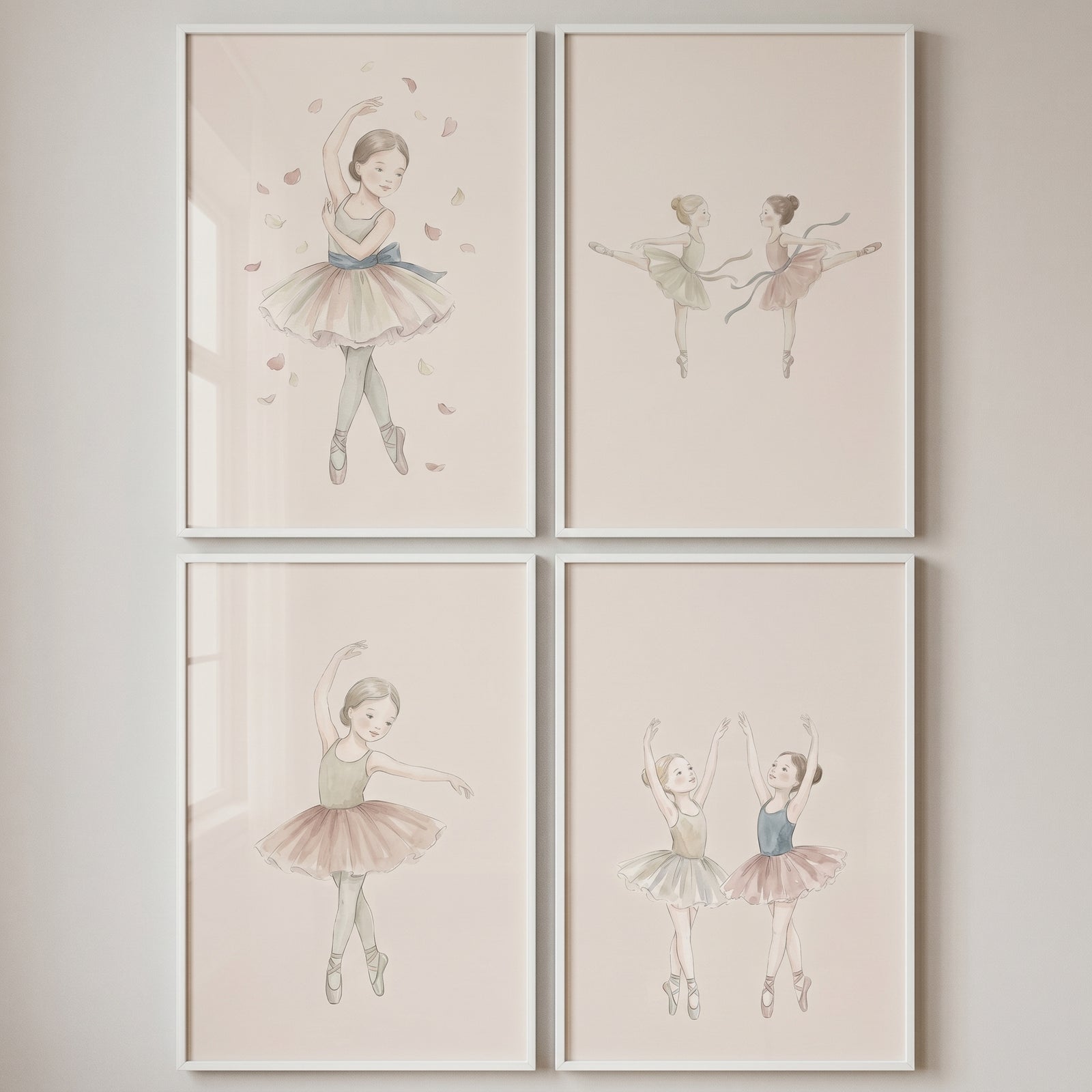 Vintage whimsical girl ballerina wall art set of 4 in white frames showing young dancers in soft pastel tutus.