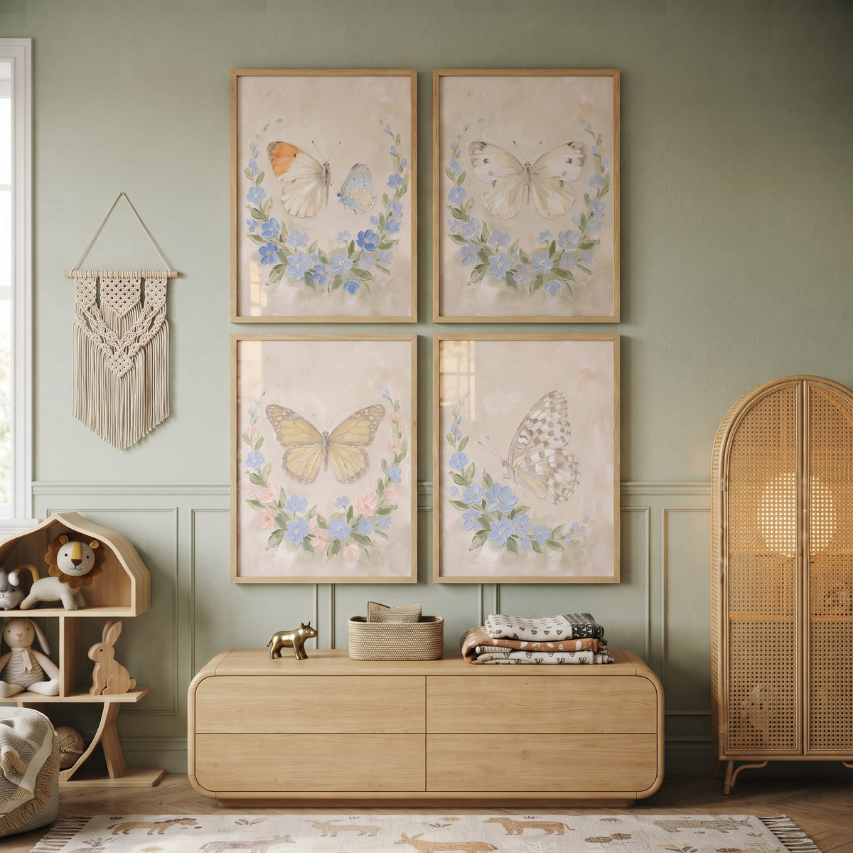 Vintage Wildflower Wreath Butterfly Wall Art Set of 4 - Pastel Floral Wreaths