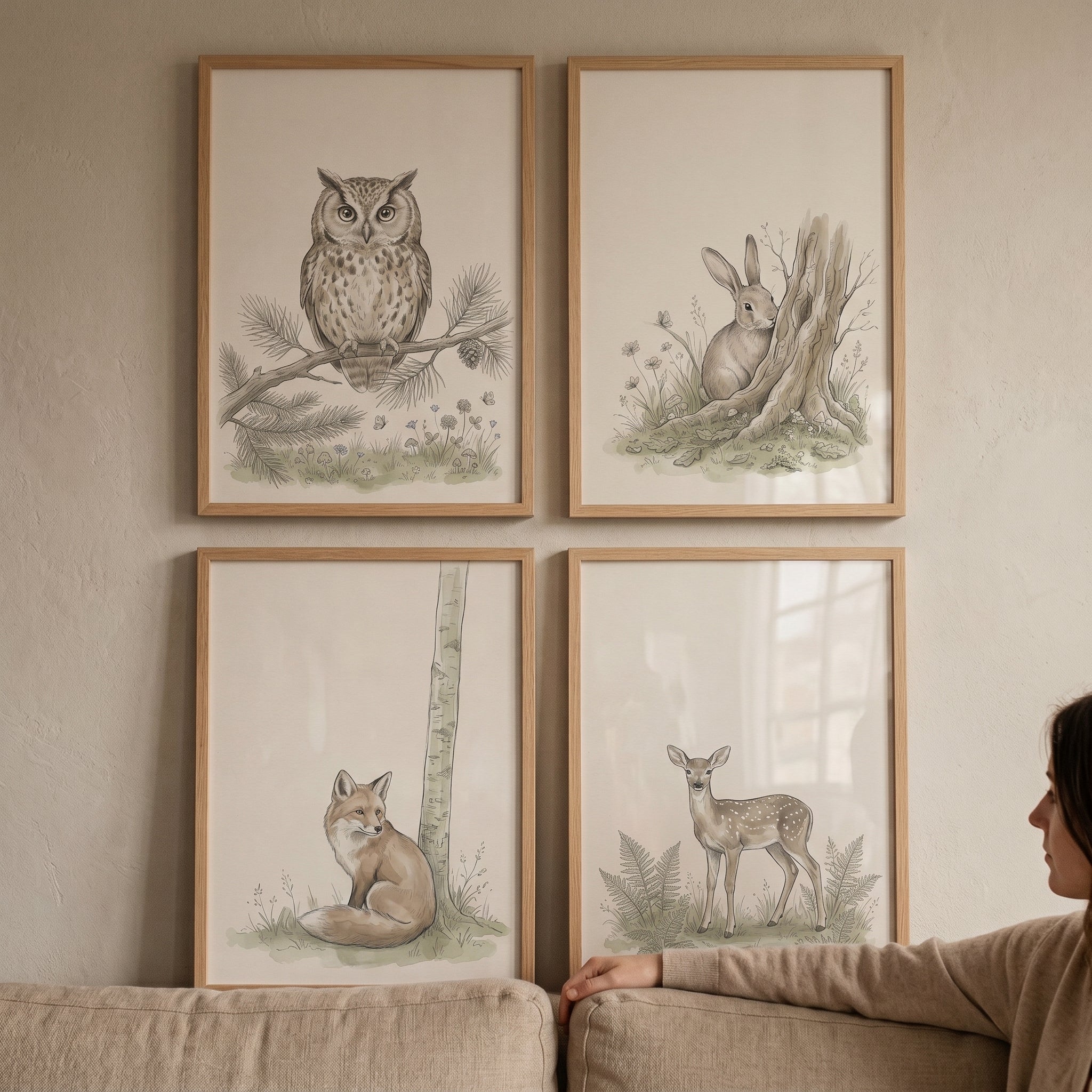 Vintage Woodland Animals Wall Art Set of 4 - Woodland Forest Sketches