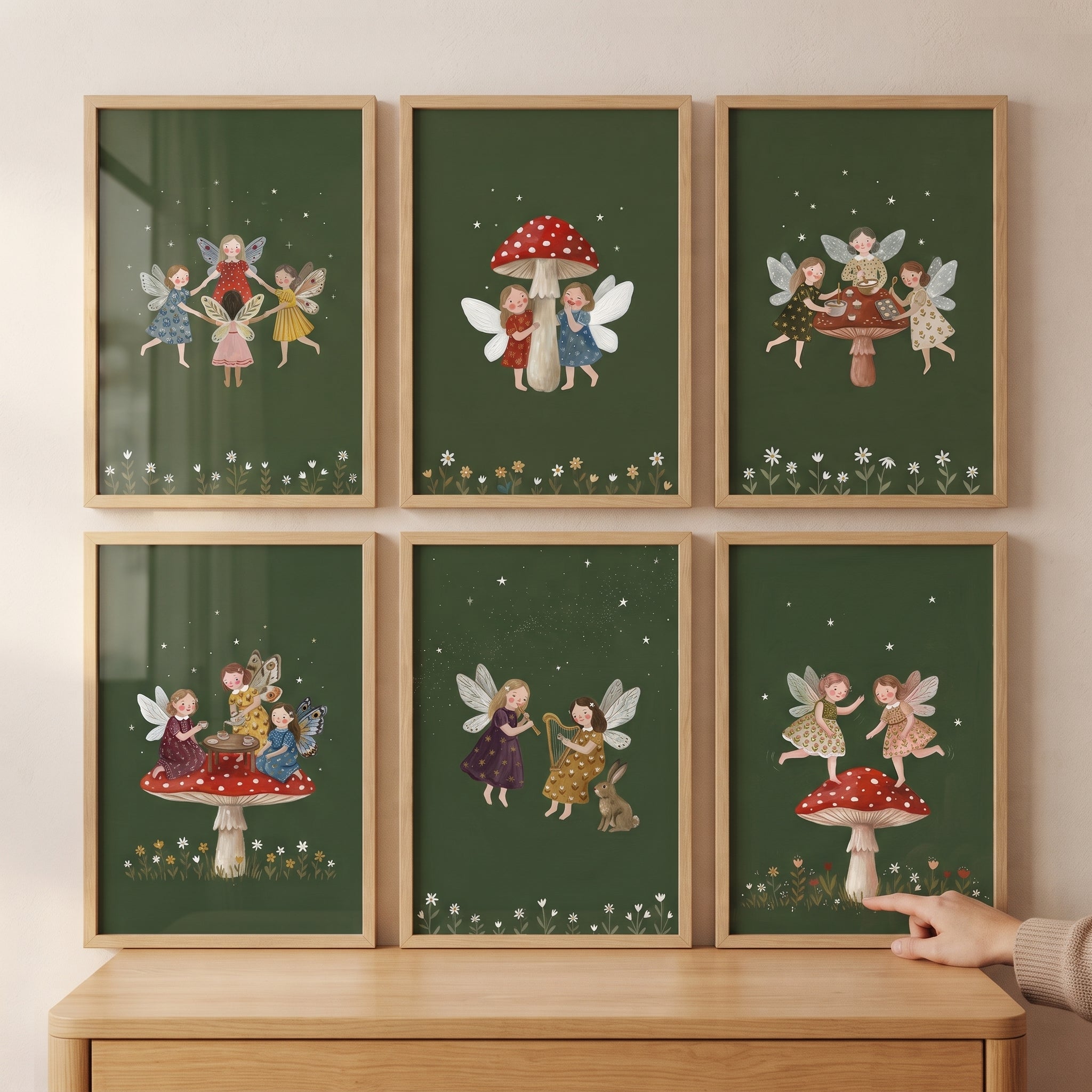 Vintage Woodland Forest Fairies Wall Art Set of 6 - Mushroom Meadow Magic