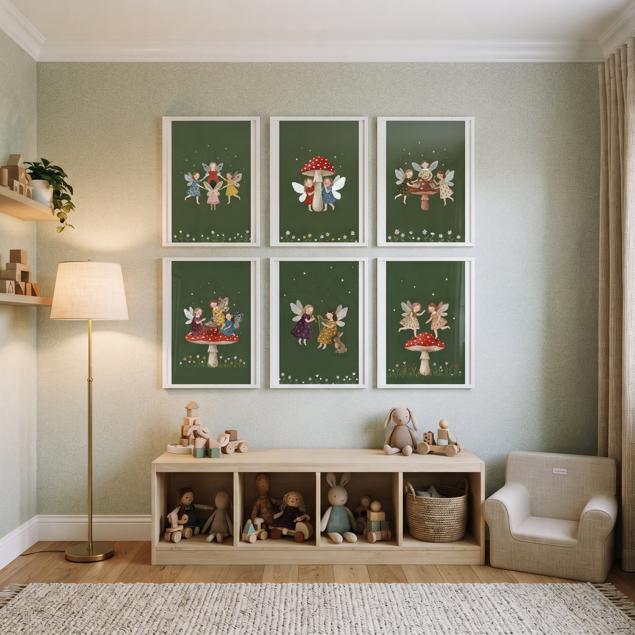 Vintage Woodland Forest Fairies Wall Art Set of 6 - Mushroom Meadow Magic