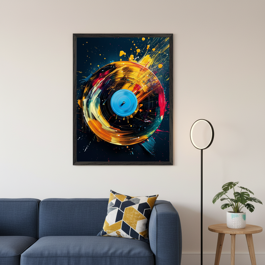 Modern living room with a blue sofa. A large framed abstract artwork of a colorful vinyl record with paint splatters hangs above the sofa. A black floor lamp and a wooden side table with a plant are to the right.