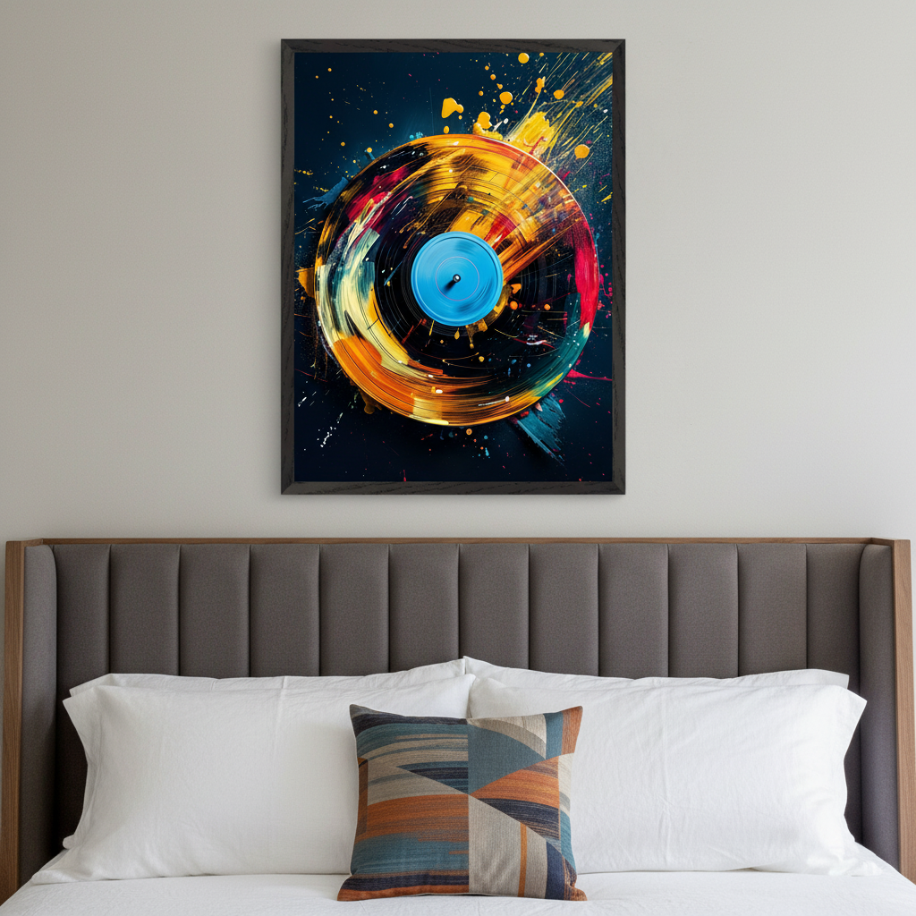 Modern bedroom with a bed featuring a grey upholstered headboard. A large framed abstract painting of a colorful vinyl record with paint splatters in yellow, orange, red, and blue hangs centered above the headboard.