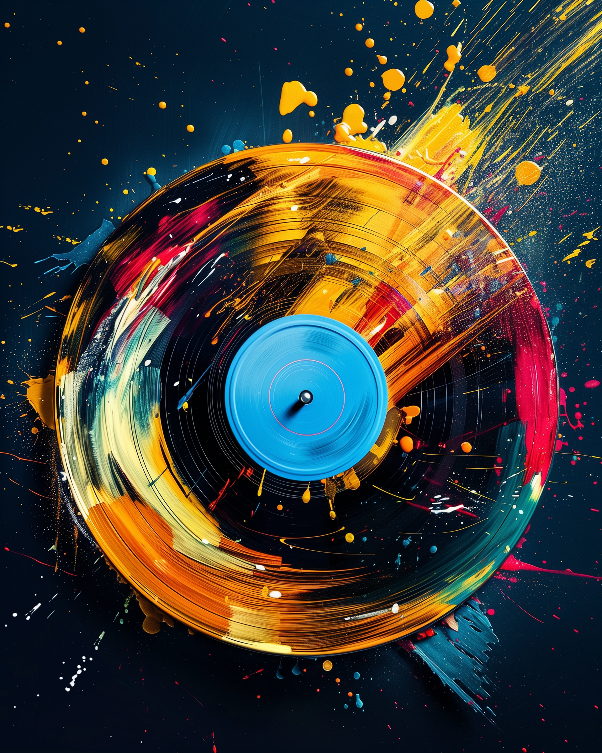 A vividly painted vinyl record in motion bursts with bold splashes of yellow, red, blue, and orange paint against a dark background. This image celebrates the energy and creativity of music and analog sound.
