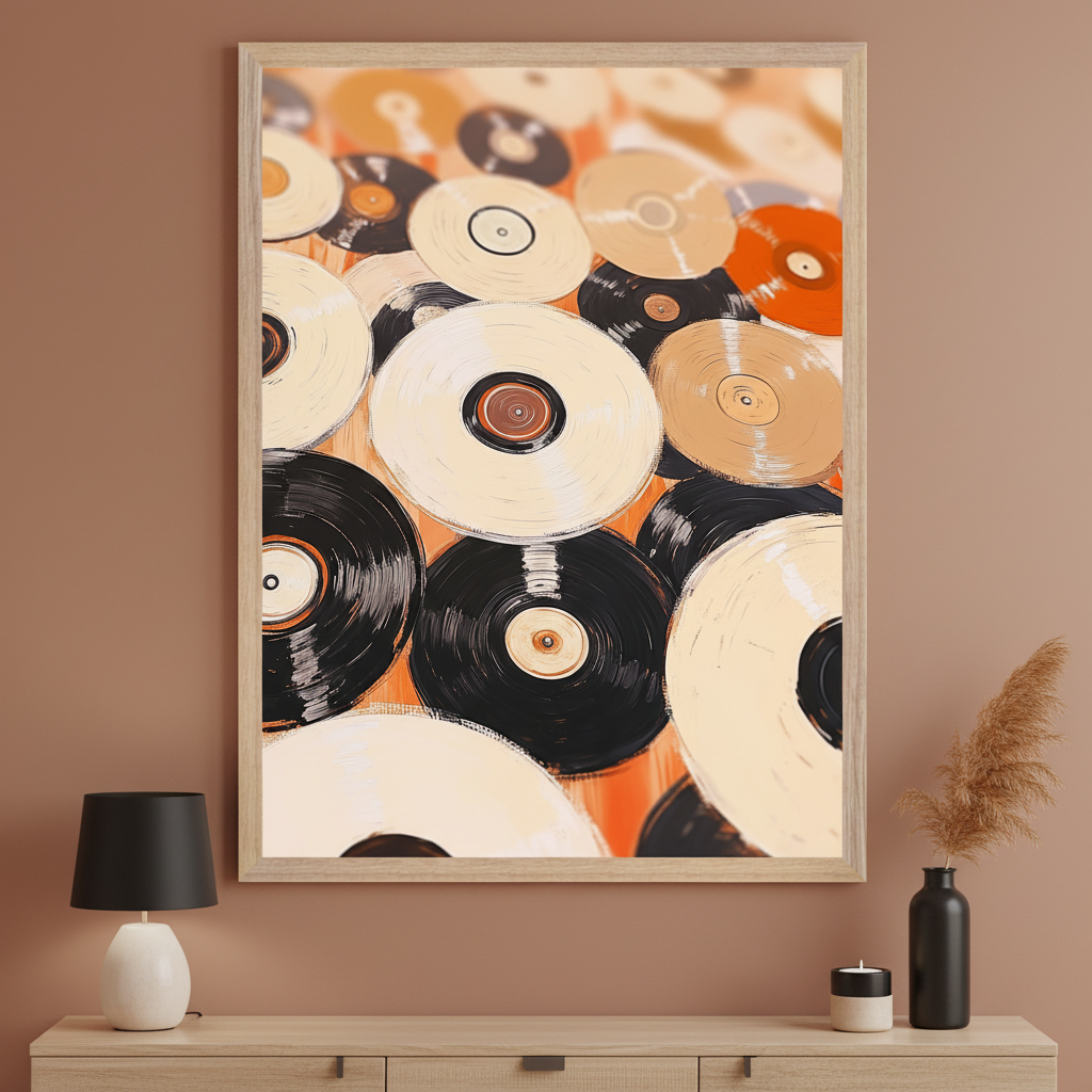 Modern room with a light wood console table. A large framed abstract painting of scattered black, cream, beige, and orange vinyl records hangs above the table. A lamp and vase with pampas grass decorate the table.