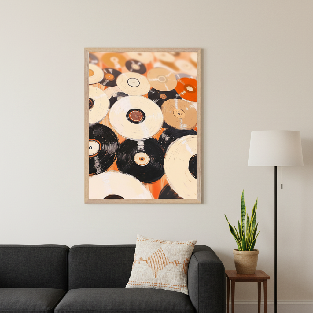 Living room with a dark gray sofa. A large framed print of an abstract painting with overlapping black, cream, and orange vinyl records hangs above the sofa. A floor lamp and a snake plant sit to the right.