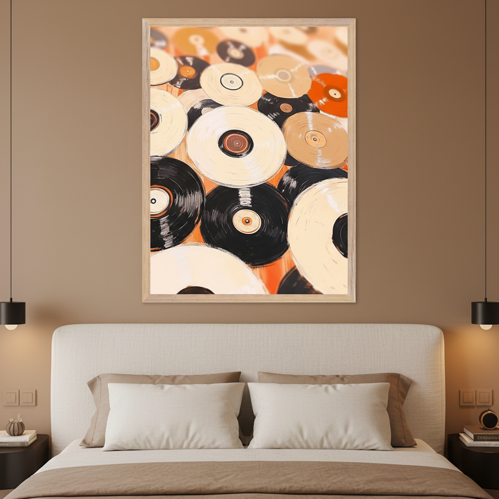 Modern bedroom with a beige upholstered bed. A large framed painting of many black, cream, and tan vinyl records in an illustrative style hangs centered above the bed.