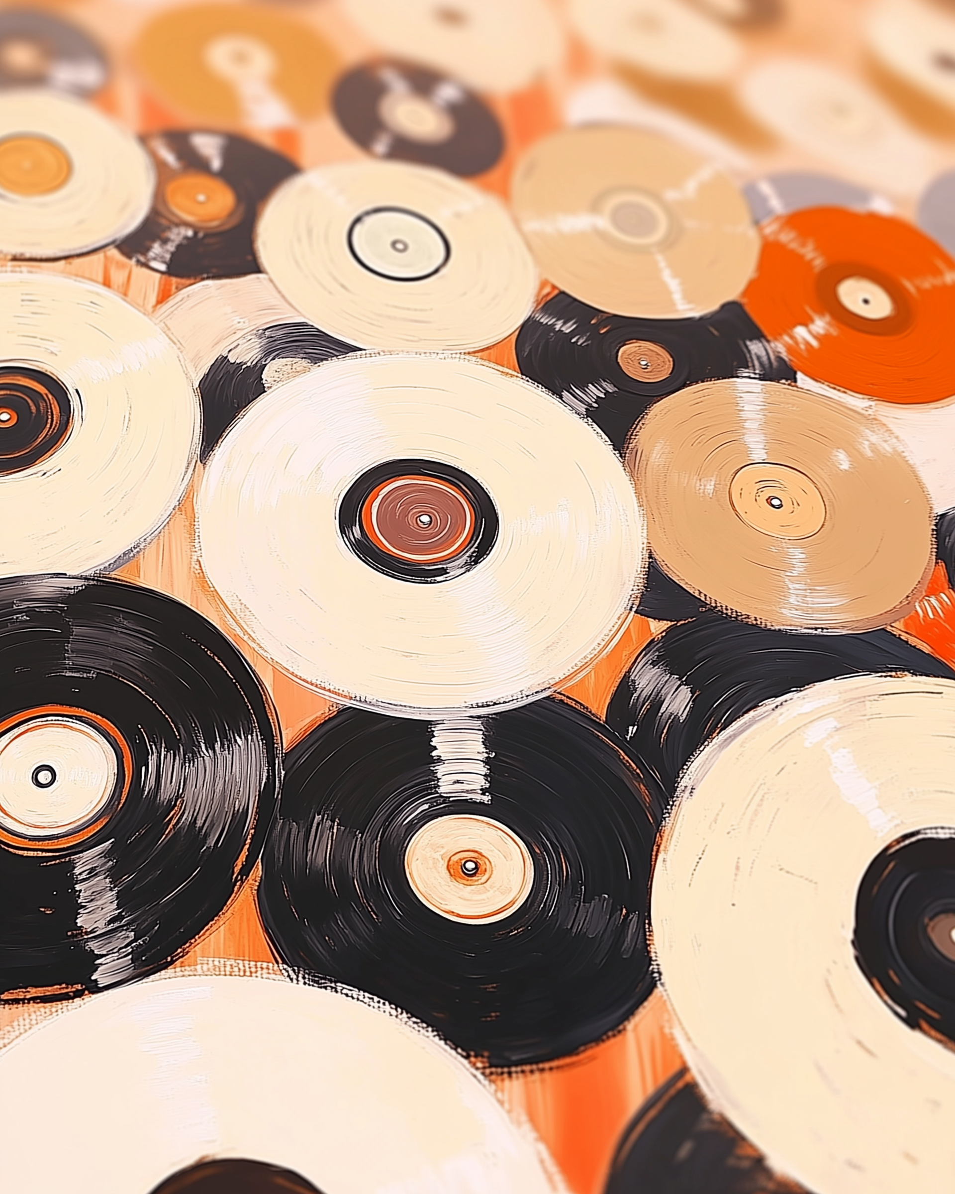 Artistic rendering of a scattered collection of vinyl records in black, cream, tan, and orange tones. The perspective and soft focus create a sense of nostalgic depth and movement.