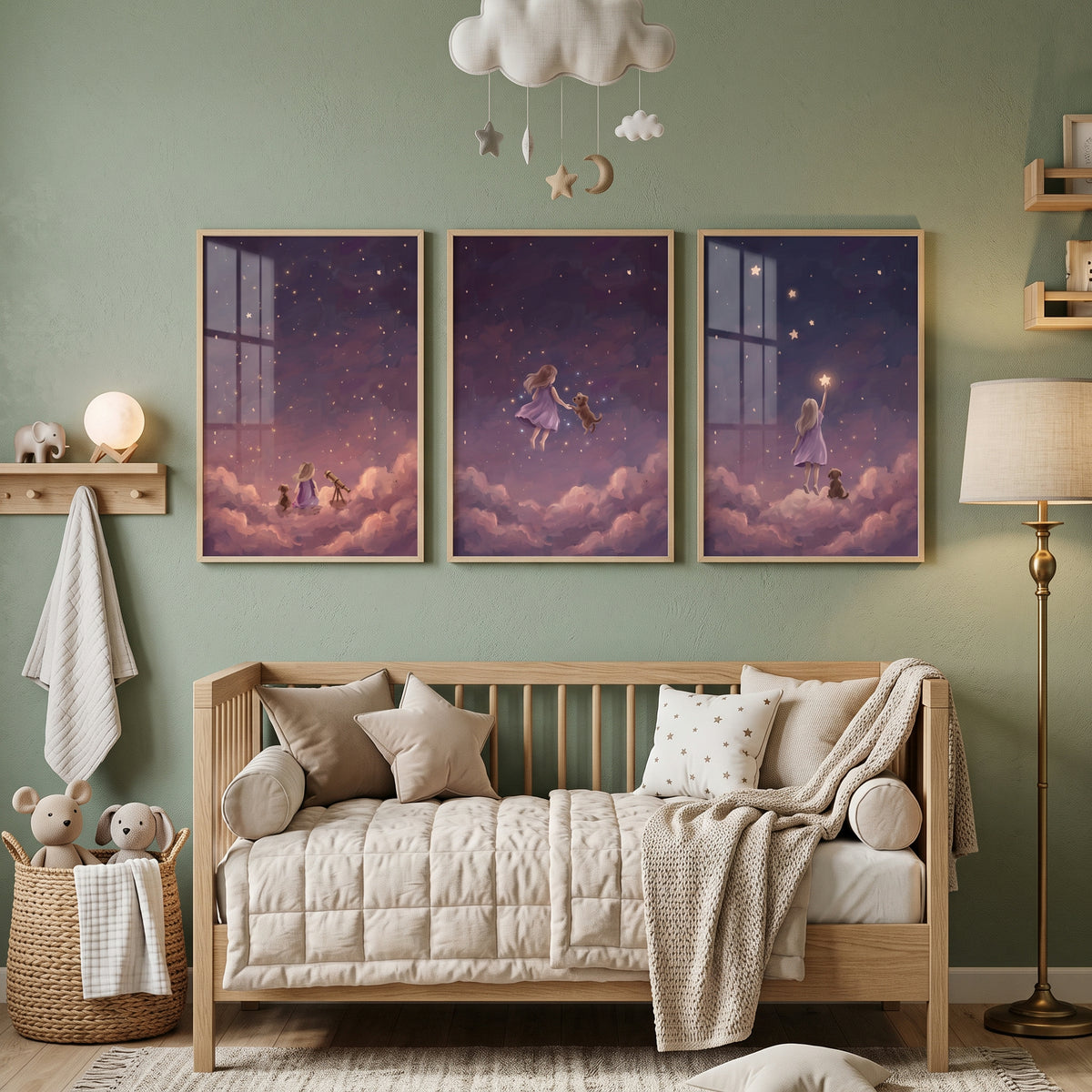 Violet Clouds Girl Dog Wall Art Set of 3 - Starlight Dream Journey