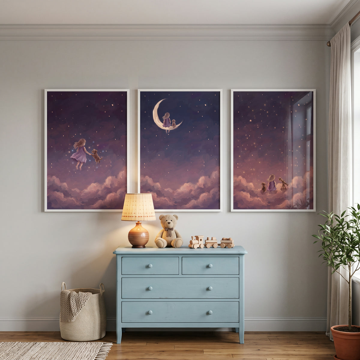 Violet Night Girl Dog Wall Art Set of 3 - Dreamy Sky Friends