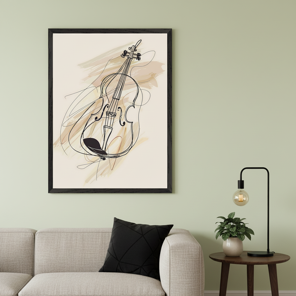 Modern living room with a light beige sofa. A large black-framed abstract line art drawing of a violin with beige brushstrokes hangs on a light green wall above the sofa. A side table with a lamp and plant sits to the right.