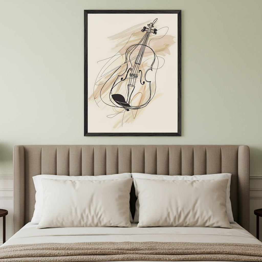 Modern bedroom with a beige upholstered bed and light green walls. A black-framed print of a minimalist line art violin with abstract beige brushstrokes hangs centered above the bed.