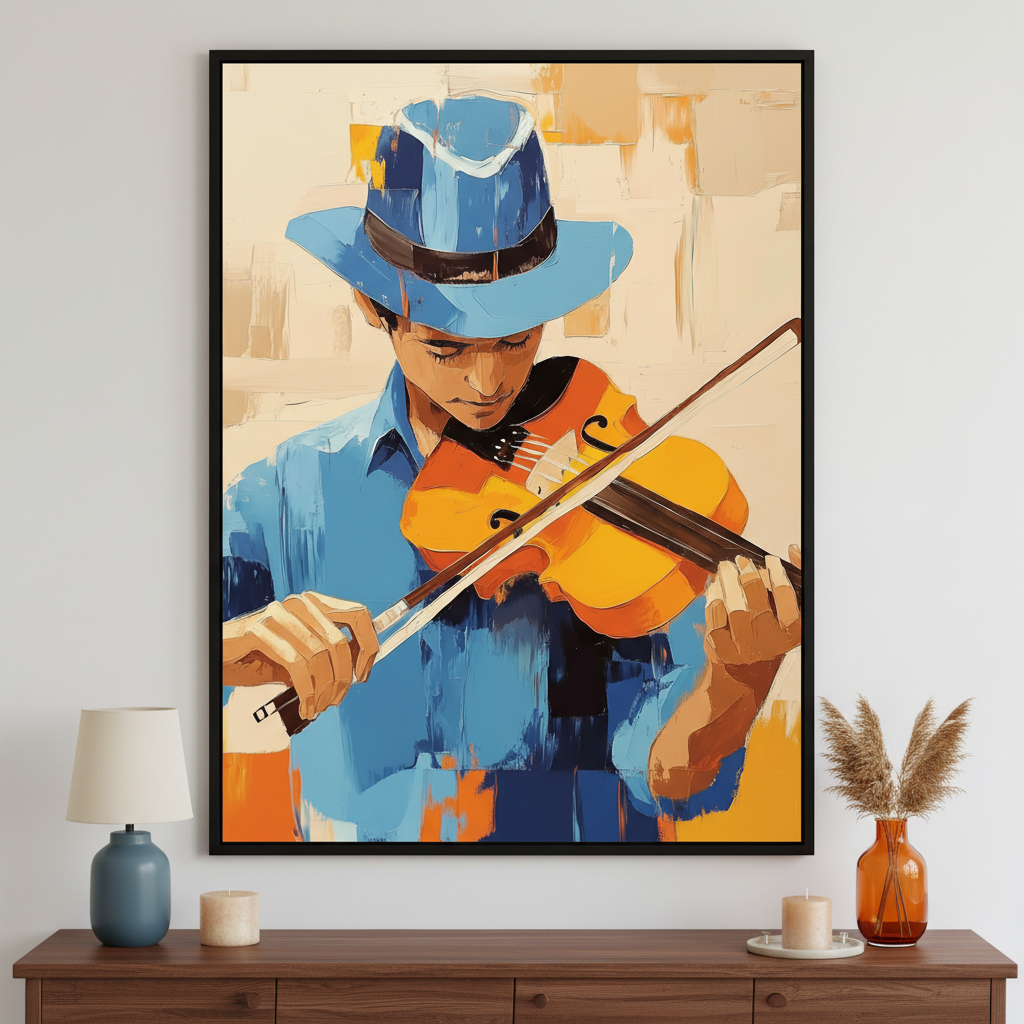 Modern room with a dark wood dresser. A large framed impressionistic painting of a boy in a blue hat playing a yellow violin hangs centered above the dresser. A blue lamp, candles, and a vase with dry plants are on the dresser.