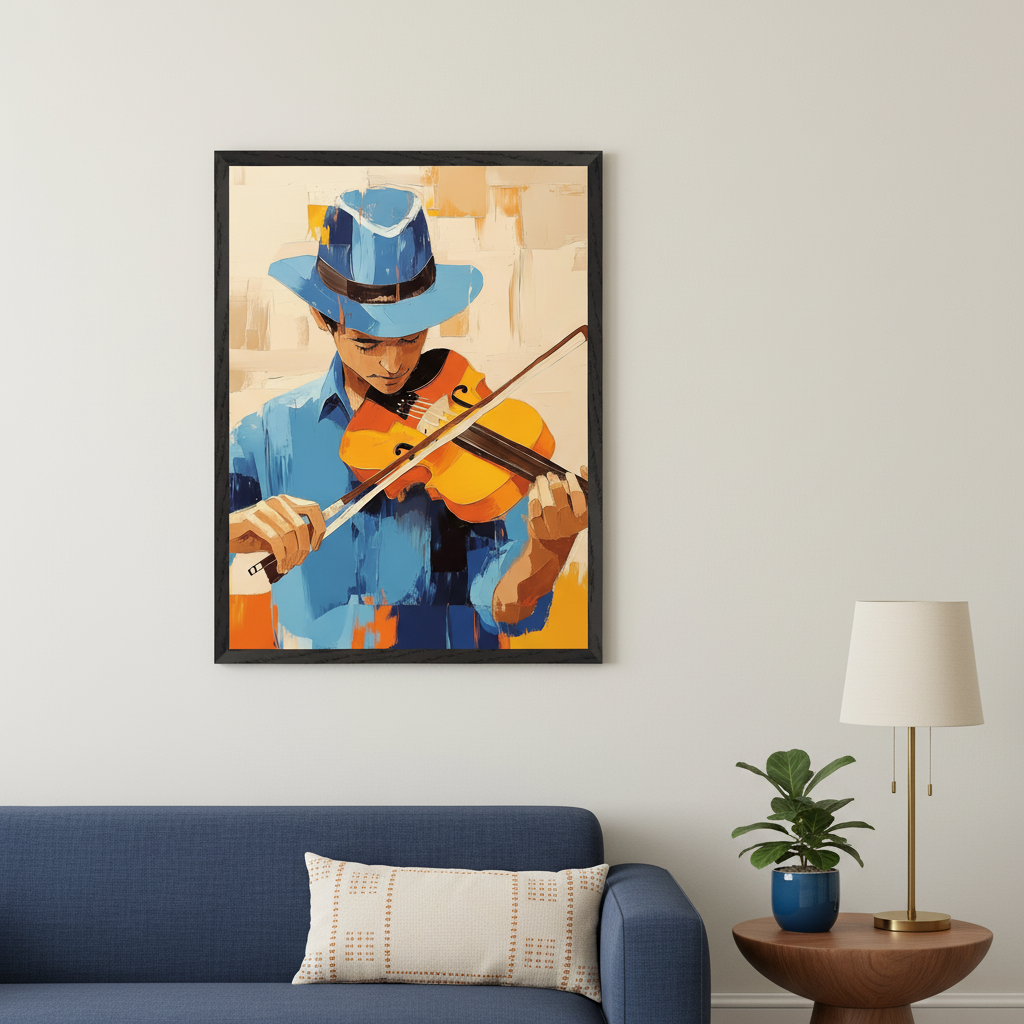 Living room with a dark blue sofa and a wood side table. A framed painting of a boy in a blue hat playing a yellow violin, rendered in a broad brushstroke style, hangs above the sofa.