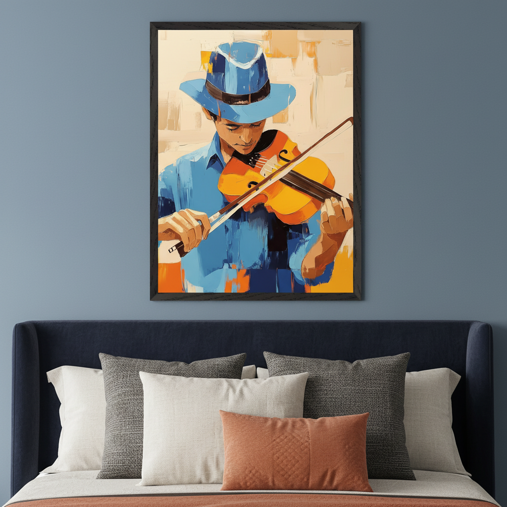 Bedroom with a dark blue upholstered bed and assorted pillows. Centered above the bed hangs a framed painting of a young boy in a blue hat playing a yellow violin, rendered in a cubist-like style.