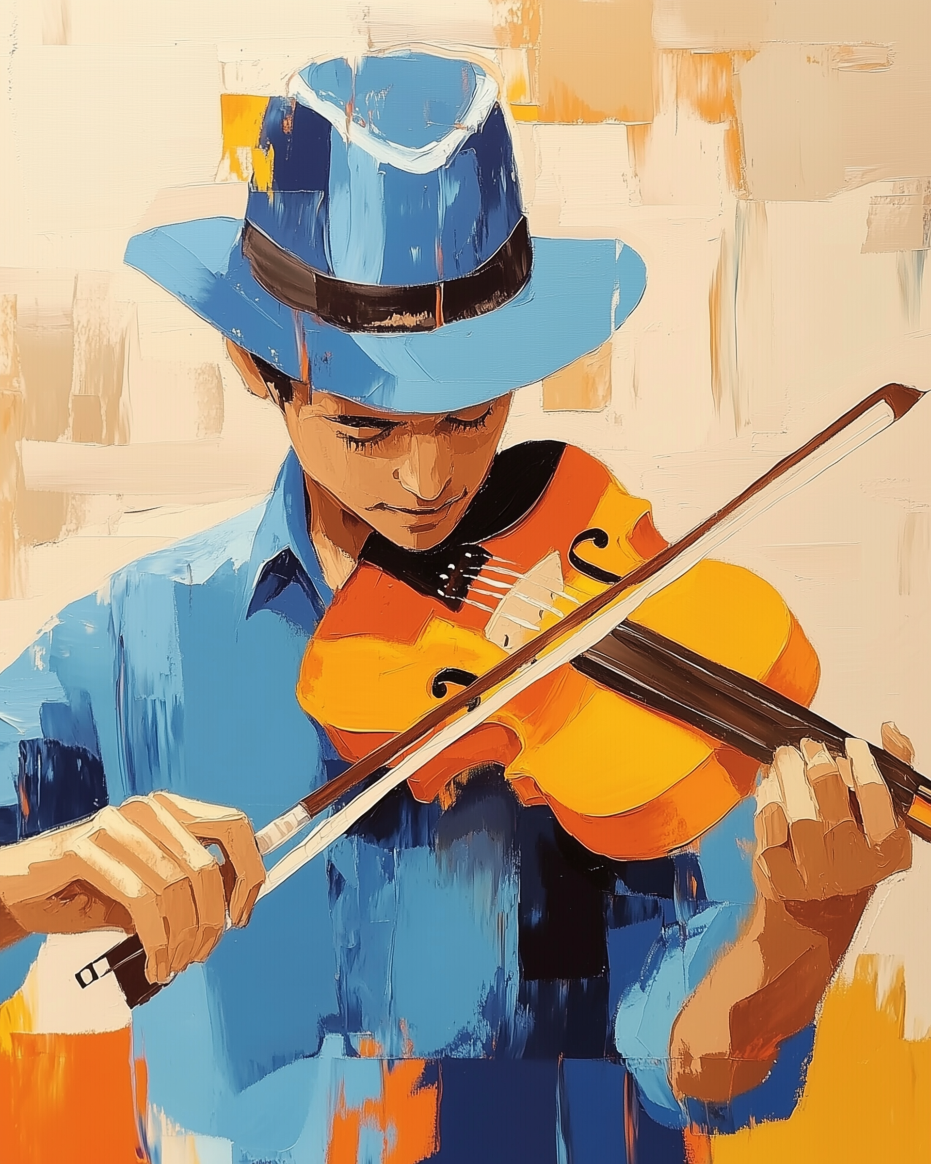 Stylized art of a man wearing a bright blue hat and shirt, looking down as he plays an orange violin with focus. Bold, textured brushstrokes and abstract backgrounds highlight the expressive motion of the scene.