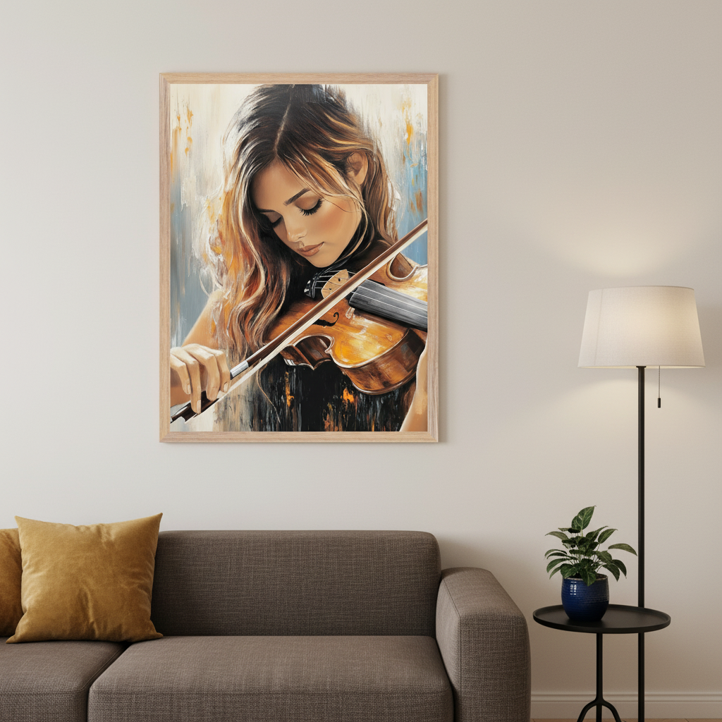Modern living room with a brown sectional sofa, a black floor lamp, and a black side table with a plant. A framed painting of a woman playing a violin with an abstract background hangs above the sofa.
