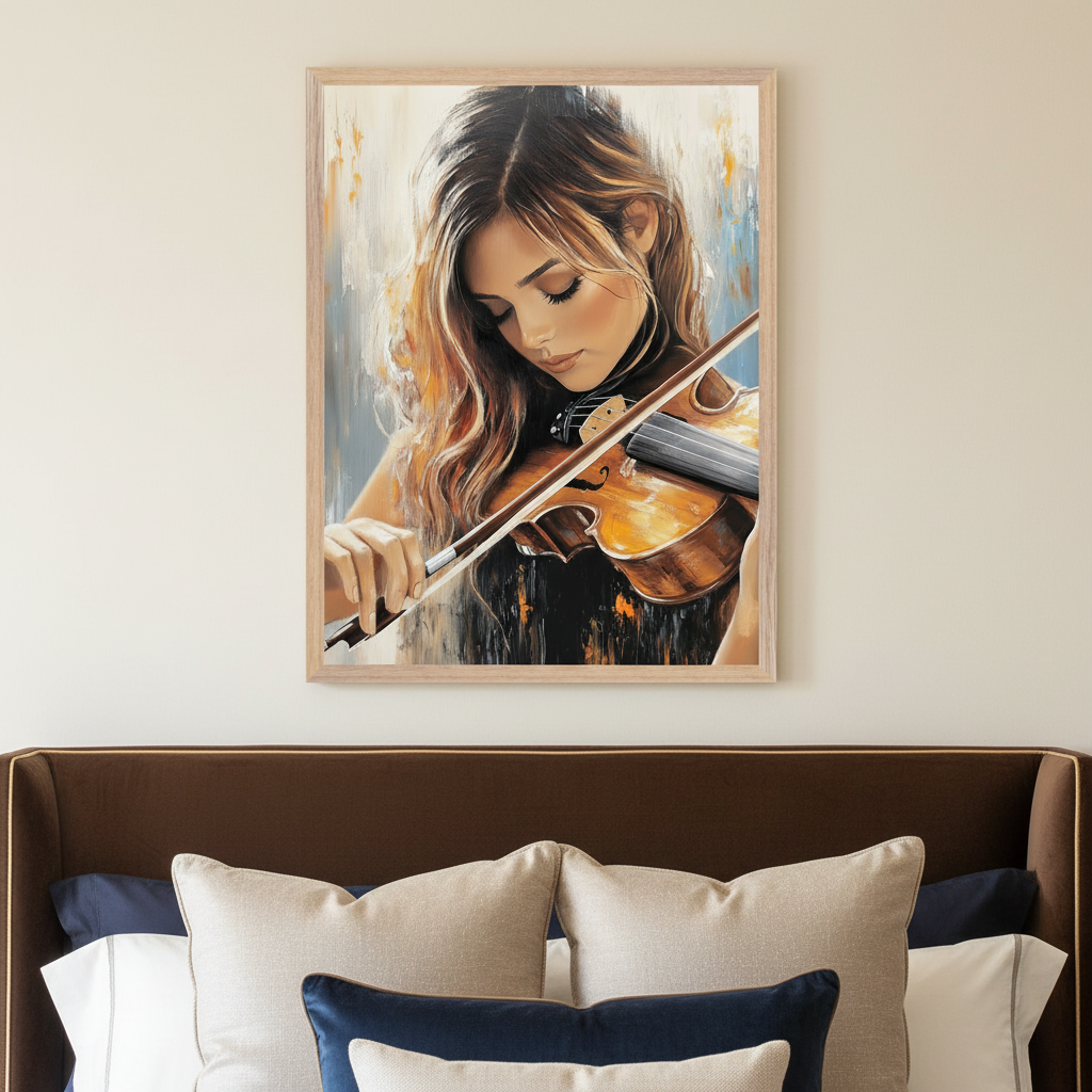 Modern bedroom with a brown upholstered bed. A framed painting of a woman with long light brown hair playing a violin in an expressive style is centered above the bed.