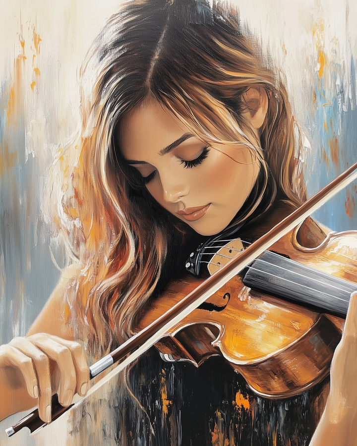 Realistic illustration of a young woman with long, highlighted brown hair playing a violin with closed eyes, set against an abstract, textured background in warm tones.
