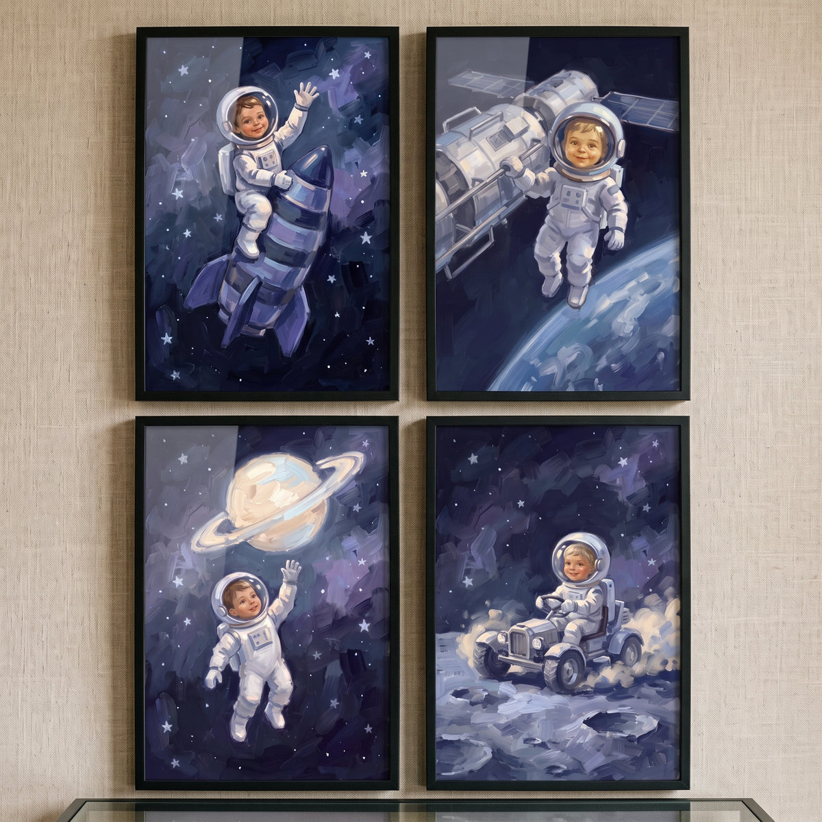 Vivid indigo toddler astronaut wall art set of 4 with a child on a rocket, a space station, a planet, and a moon rover.