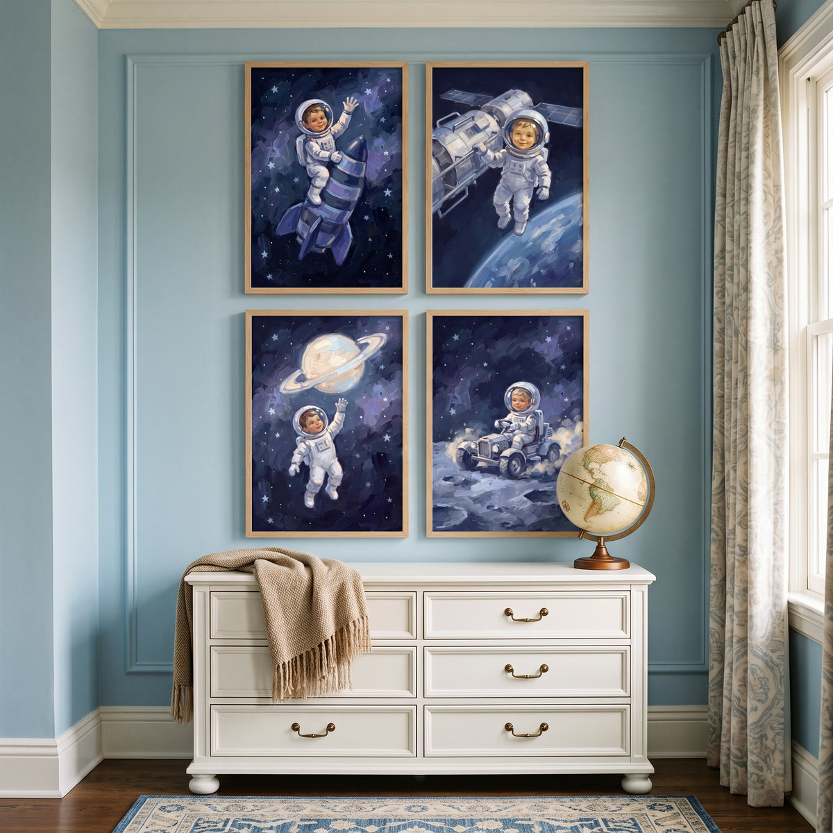 Vivid Indigo Toddler Astronaut Wall Art Set of 4 - Little Space Explorer