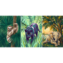Three colorful jungle animal paintings displayed side by side on a white background featuring a sloth hanging from a tree, a black panther walking through lush green leaves, and a baby elephant resting near water at sunset.