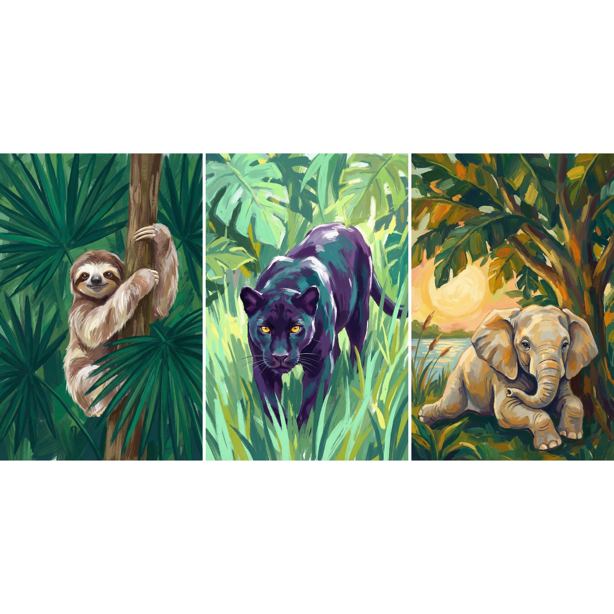 Vivid Painterly Tropical Animals Artwork Set of 3 - Jungle Wildlife Trio